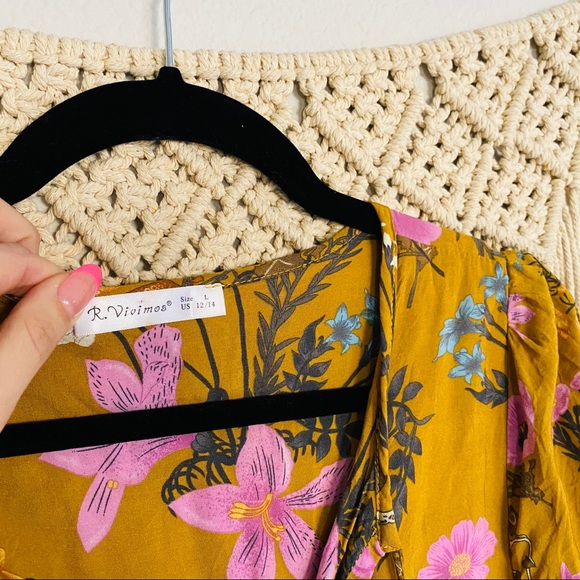 Mustard Yellow Floral Boho Peasant Midi Dress - Picture 8 of 8